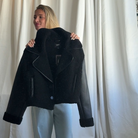 NWT Black Shearling & Leather Jacket sheep coat superdown anja bomber l’academie - Picture 10 of 10